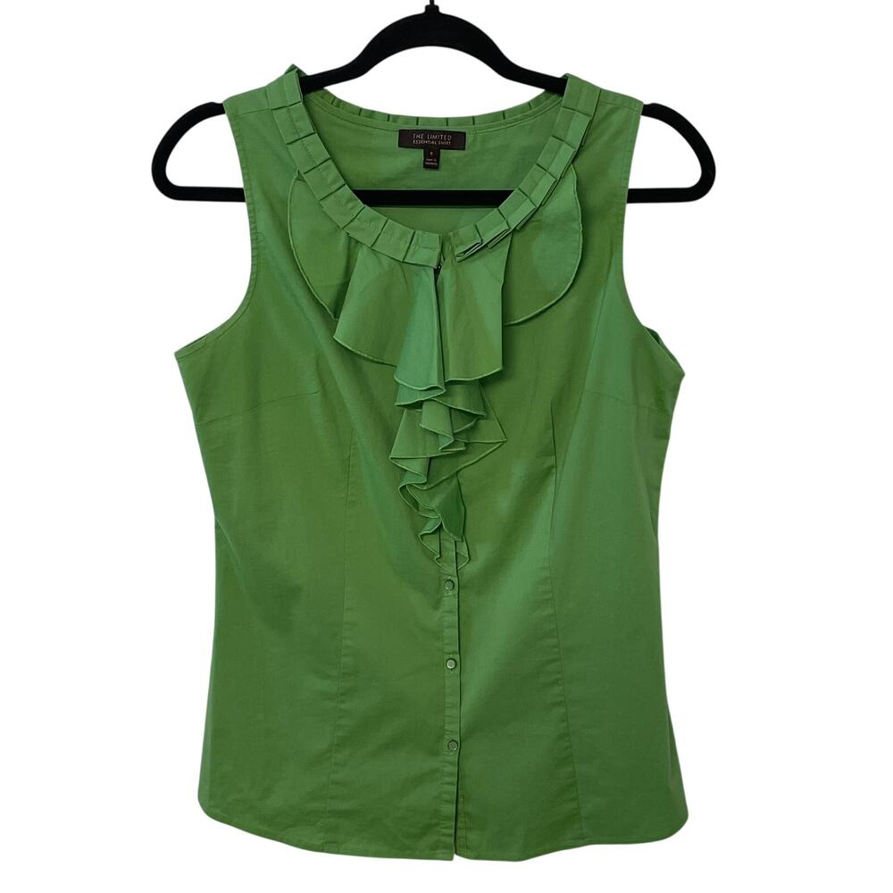 The Limited Essential Shirt S Green Sleeveless Tank Ruffle Career Preppy